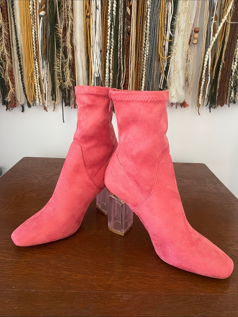 Coral pink  Suede Sock Boots with Clear Block Heel